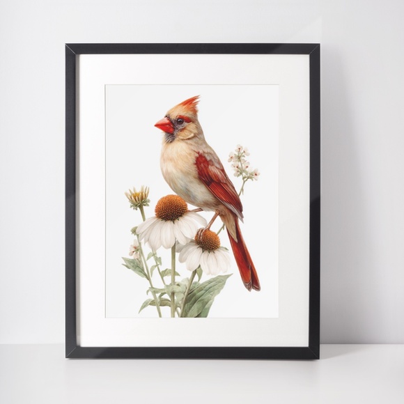 Watercolor Female Cardinal Bird with Flowers Wall Art Print Unframed - Picture 3 of 7